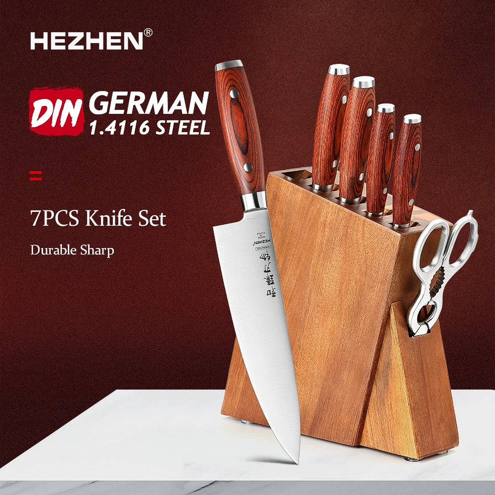 HEZHEN-Juego de cuchillos de acero inoxidable, herramientas de cocina de nogal, con soporte para cuchillos, 7 piezas-0