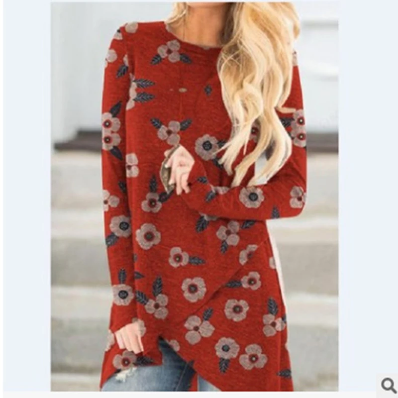 

Elegant Floral Print Women T Shirts Full Sleeve Asymmetrical Autumn T-shirt Plus Size Casual Woman Tops 2021 New Fashion 5XL