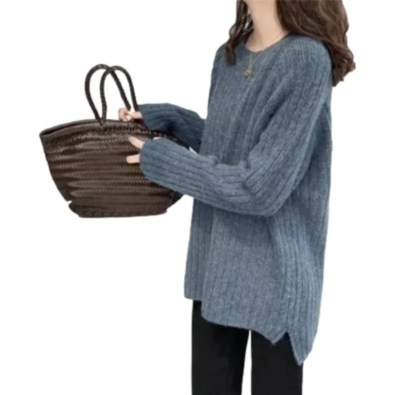 

2021 Fashion Loose Knitted Sweater Women's Autumn Basic Loose Vertical Stripes Korean Ladies Pullovers Bottoming Jumper Harajuku