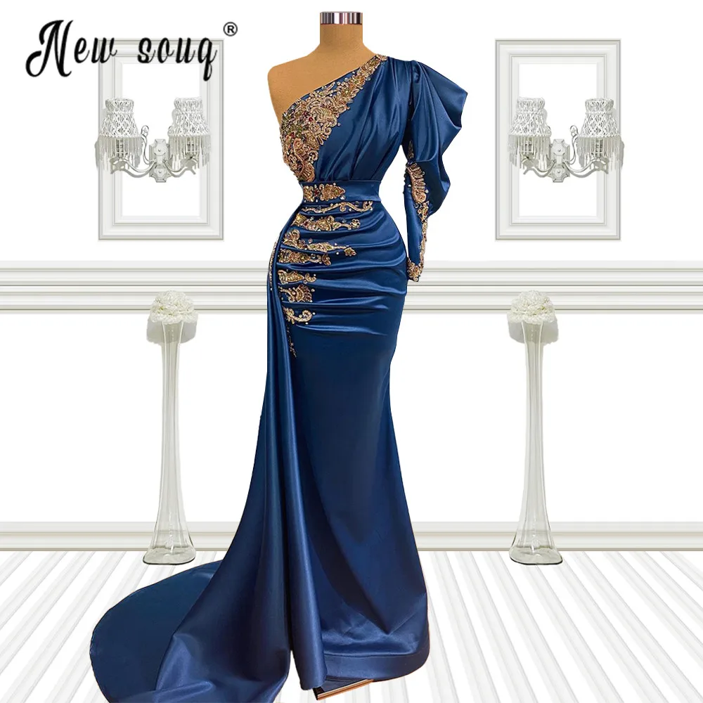 

Crystals Mermaid One Shoulder Formal Evening Gown Elegant Beaded Prom Night Gown Dinner Dress Party Gown For Women Puff Sleeve