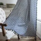 Льняные шторы в японском стиле zakka, черные кружевные занавески для гостиной, спальни, кухни, окна, синий занавес-волна, Короткие готовые