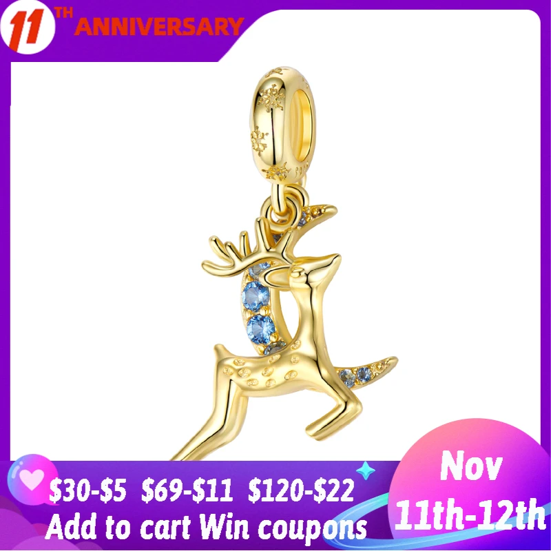 

Gold Plate 92 Sterling Silver Charms Lucky Leaping Elk Pendants Pendant Beads Fit Original Bracelet Bangles DIY Jewelry 2021