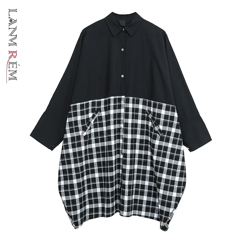LANMREM 2020 однобортная черно белая Лоскутная клетчатая рубашка оверсайз