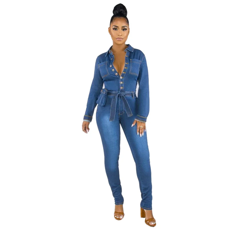 

Lace Up Bodycon Denim Jumpsuit Women Autumn Clothing Full Sleeve One Piece Overalls Elastic Long Romper Slim High Waist Bodysuit