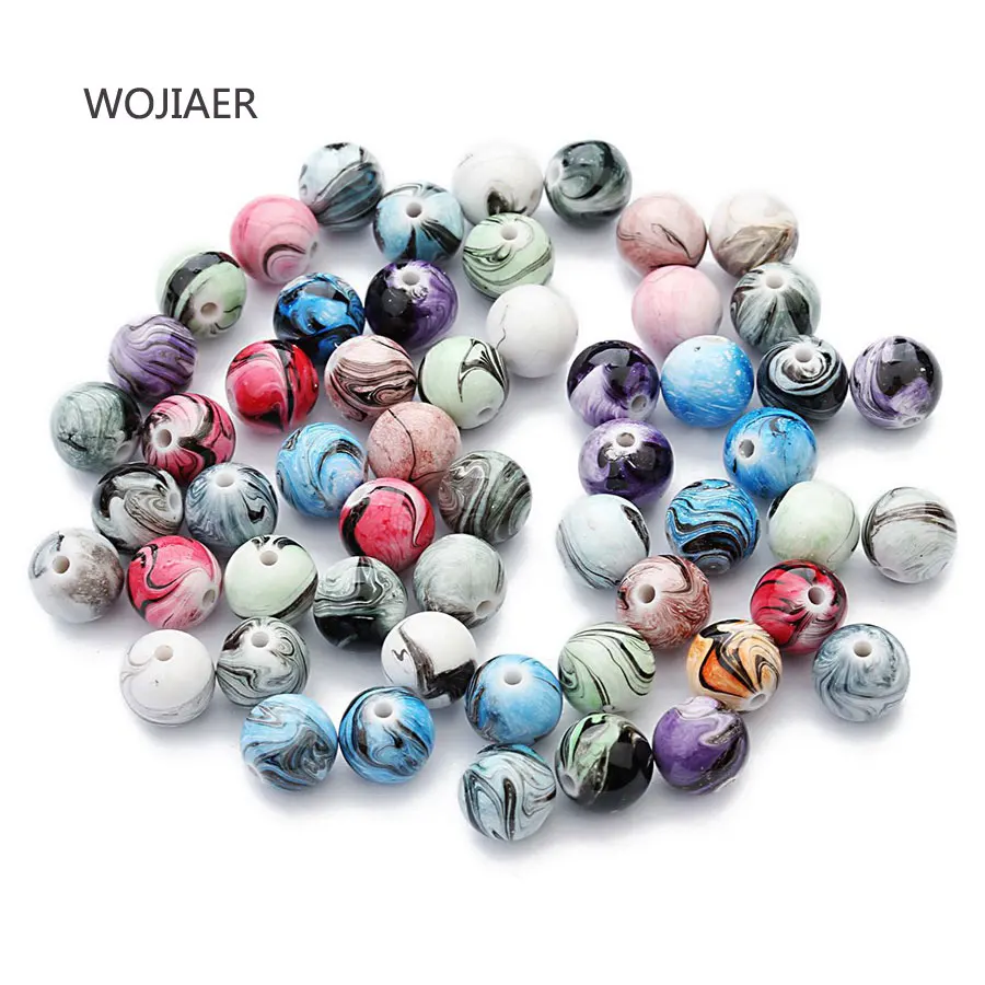 

WOJIAER 100pcs/Pack DIY Handmade Beaded Jewelry Accessories Mixed Color Ink Painting Resin Round Loose Beads Wholesale ZBM217