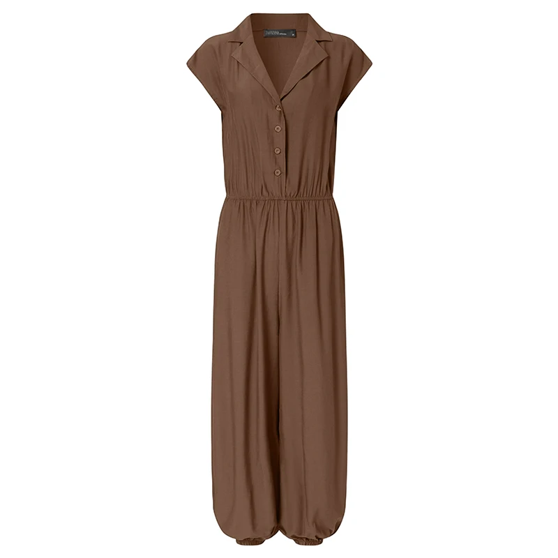 Комбинезон ZANZEA женский с отворотом модный длинный однотонный ромпер коротким