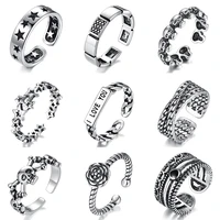 luxury vintage thai silver color adjustable big chunky rings for men women boho black letter flower star jewelry s r2180