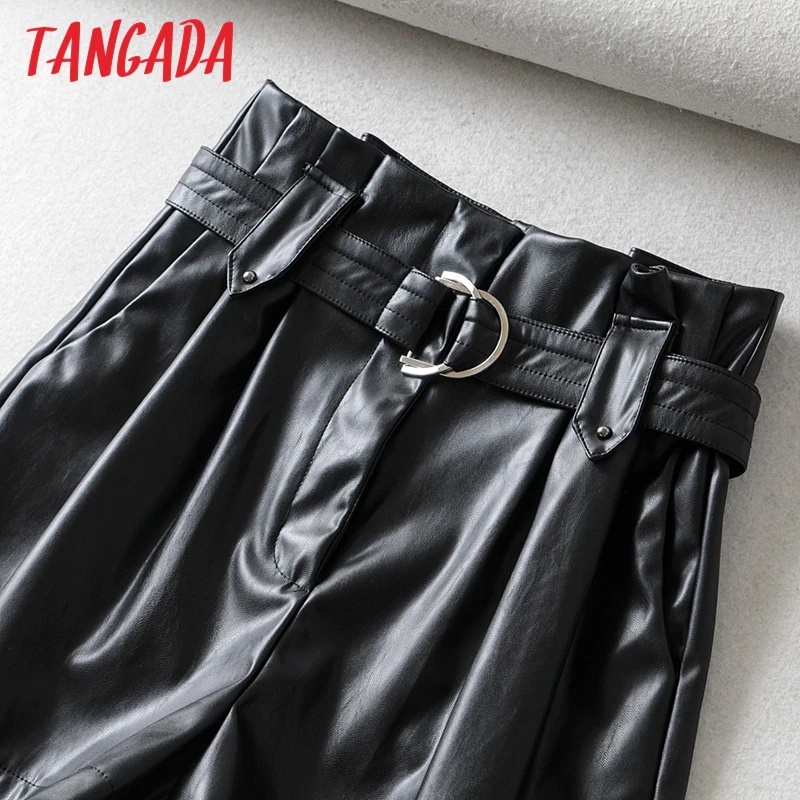 Tangada Модные женские черные кожаные шорты с поясом, шорты с высокой талией, офисные женские зимние шорты 6A03