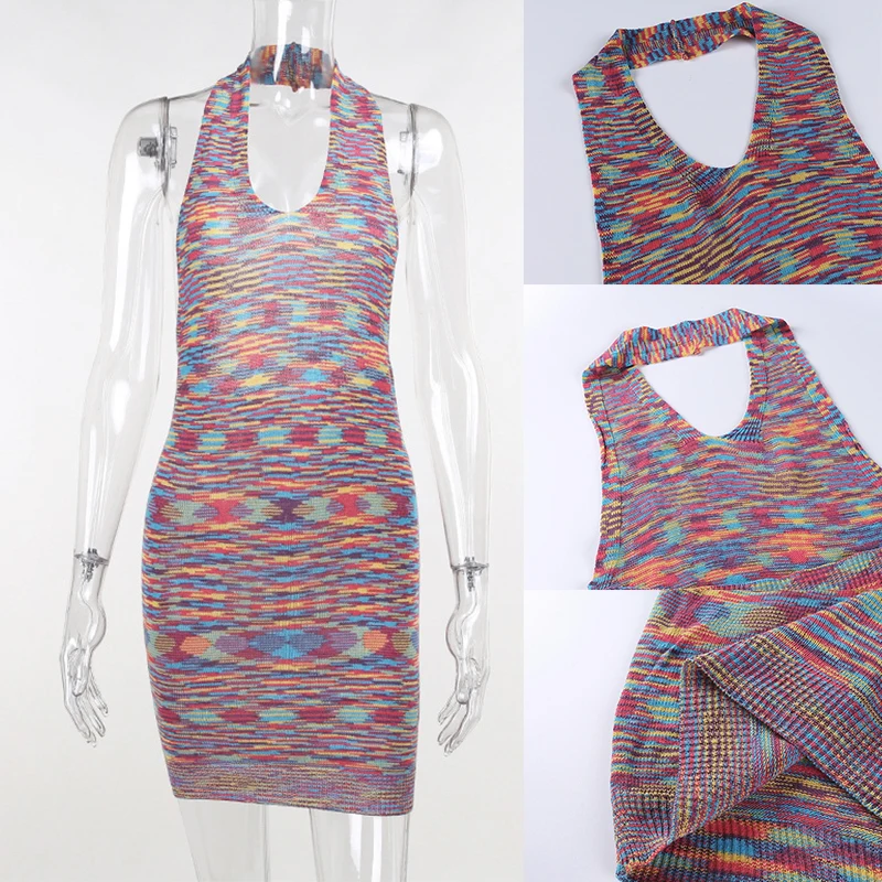 

Giyu Vintage Knitted Printed Dress Women 2021 Summer Casual Femme Robe Halter Backless Vestidos Sexy Club Party Mini Dresses