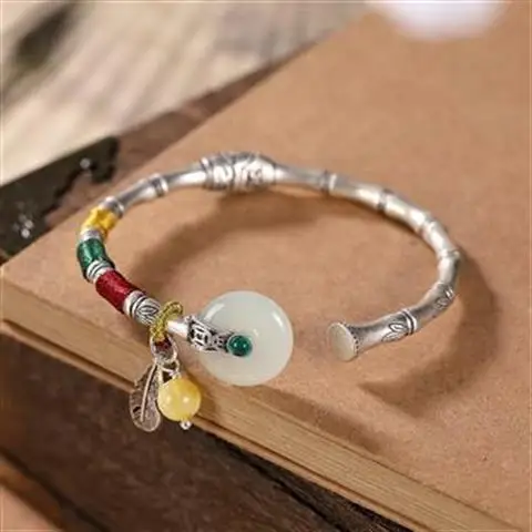 

Original S925 Sterling Silver Hetian Jade Retro Personality Peace Buckle Creative Archaistic Classical Women's Open-End Bangle B