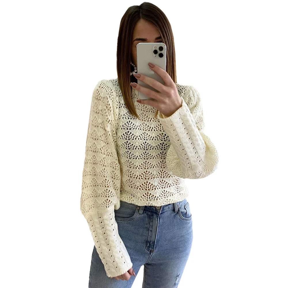 

Women Sweaters Casual Hollow Knitted Sweater O-Neck Long Lantern Sleeve Pullover Autumn Fashion Loose Solid Soft Chic Jumpers