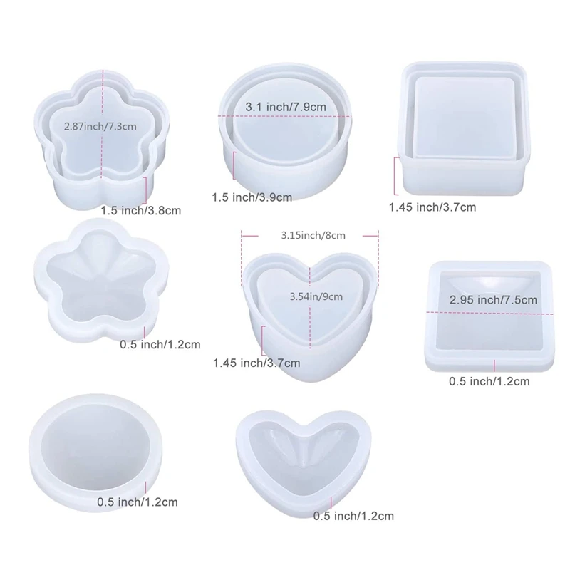 

5 Pack Resin Molds,Jewelry Box Resin DIY Molds in Heart Hexagon Square Shape,Silicone Epoxy Round Box Resin Mold Set