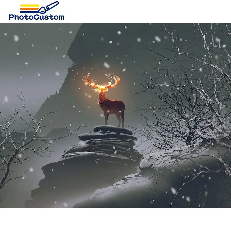 PhotoCustom DIY Painting By Numbers Snow Deer Kits For Adults Handpainted DIY Animals Modern Pictures By Number Home Decoration