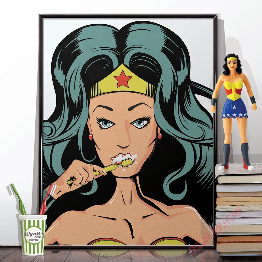 

Washroom Decor Marvel Superhero Cleaning Teeth Poster Fun Toilet Humour Spiderman Canvas Painting Bathroom Home Decor Picture