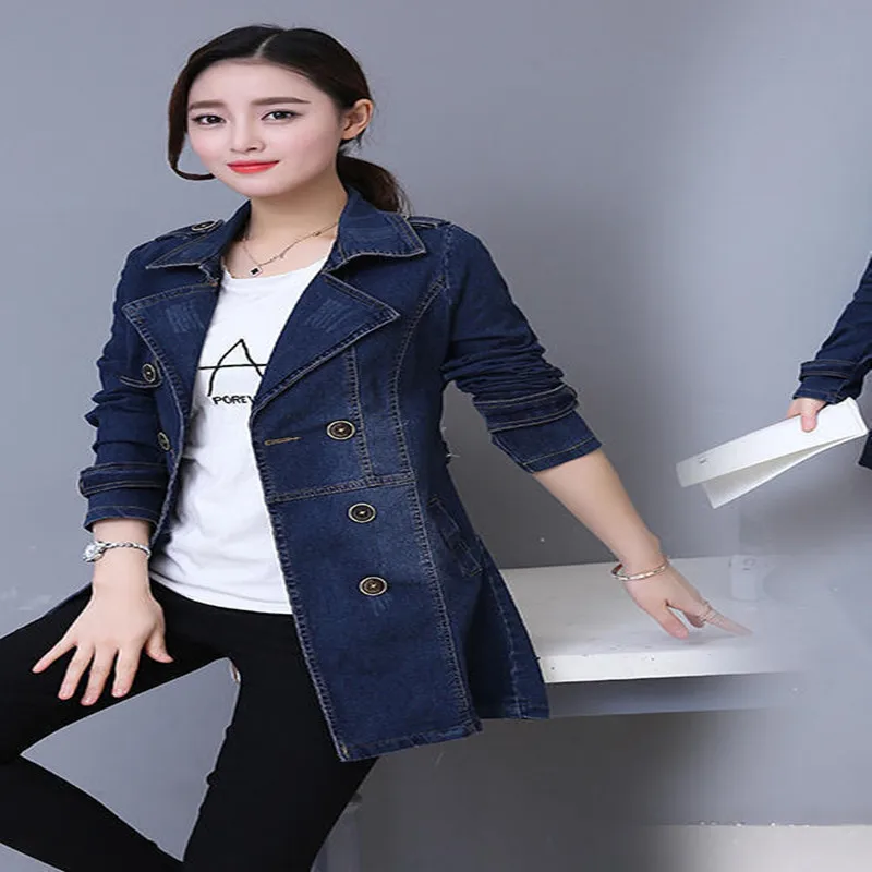 

2021 spring and autumn new suit women's slim mid-length double-breasted casual fashion plus size denim jacket