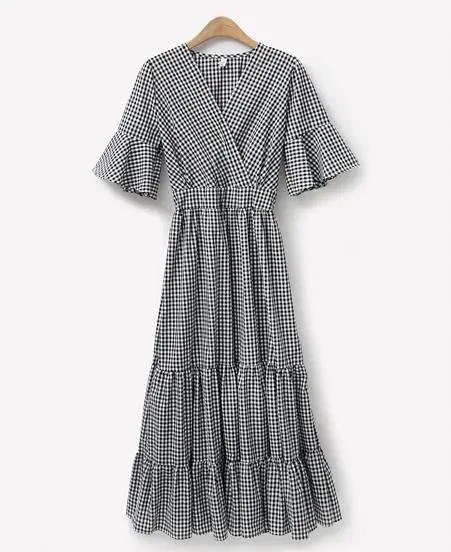 

Elegant Plaid cross V-Neck long Ruffle medium sleeve swing dress