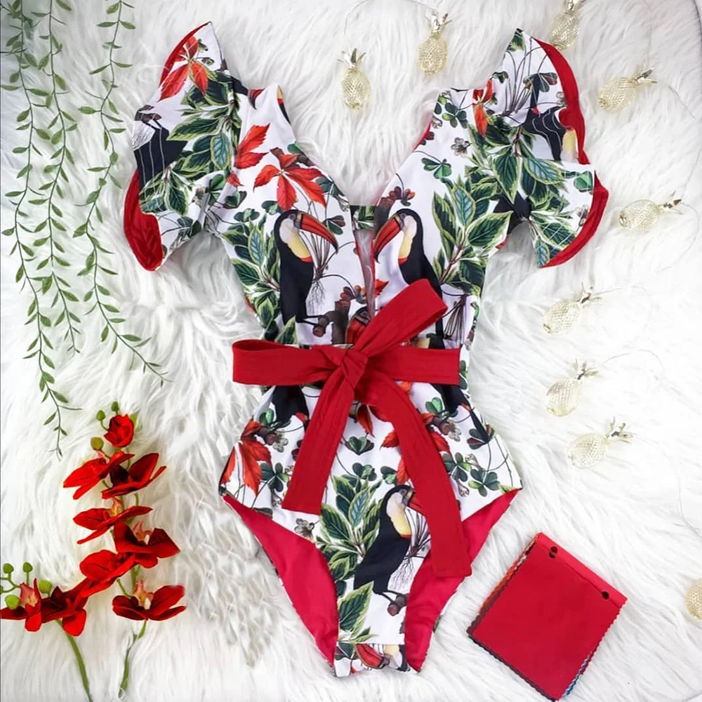 

2021 New Sexy Ruffle Print Floral One Piece Swimsuit Off The Shoulder Swimwear Women Solid Deep-V Beachwear Bathing Suit Monkini