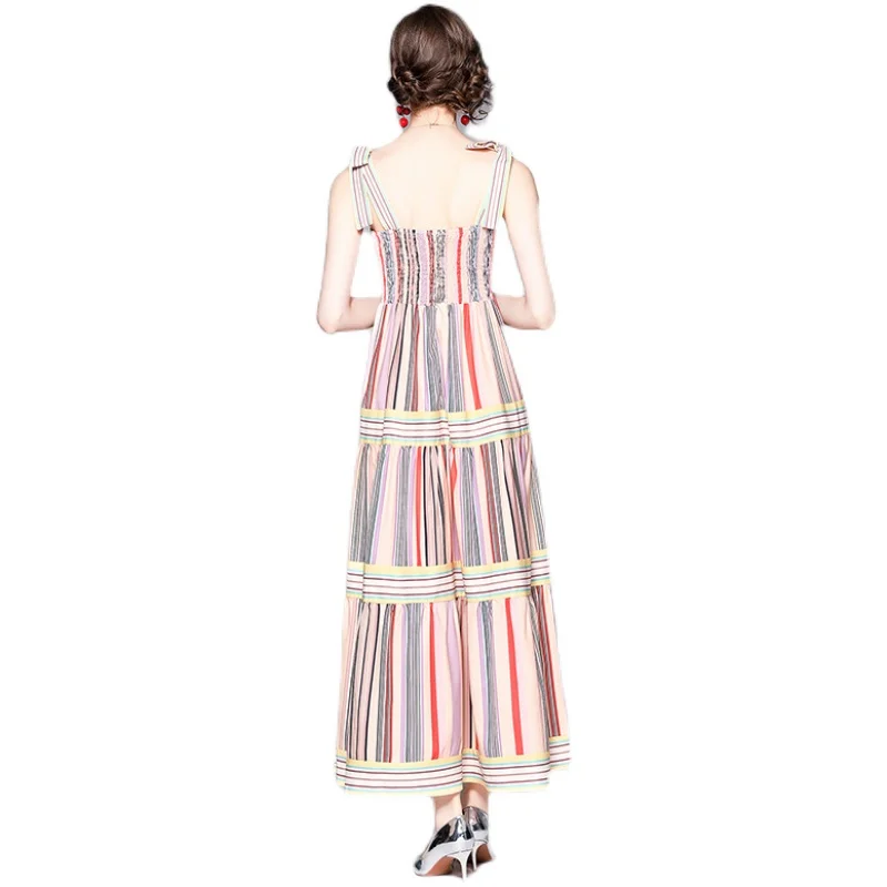 

Simgent Strap Striped Dress Women Summer Sleeveless Elegant Color Block Flared Maxi Long Beach Dresses Vestidos Jurken SG16227