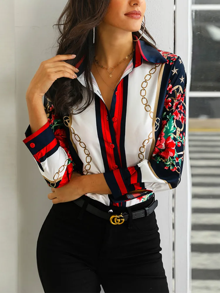 Office Lady Floral Print Elegant Shirt Blouse Women Long Sleeve Turn-down Collar Button Chain Casual | Женская одежда