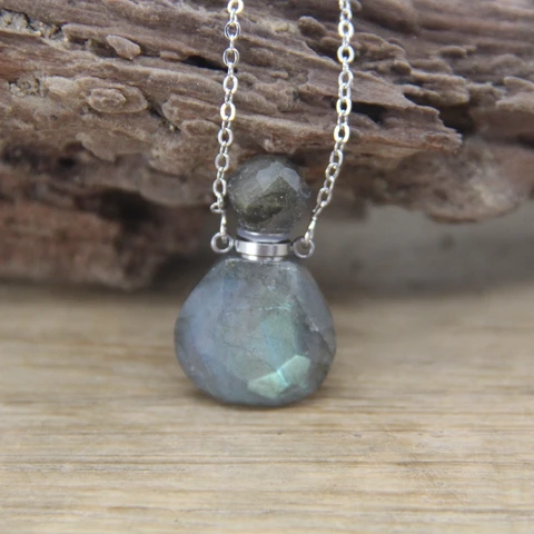 Мини-подвески в форме флакона духов, серебристые цепочки, лабрадорит, амазонит, флакон с эфирным маслом, подвески, ожерелье, ювелирные изделия QC1003
