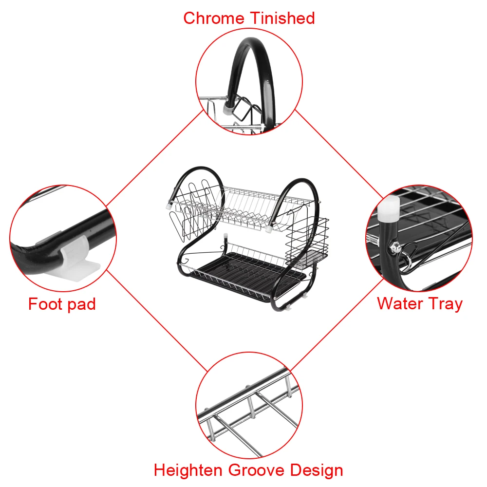 

Multifunction Bowl Rack Shelf Plates Dish Storage Holder Home Spoons Chopping Board Dinnerware Organizer Black Kitchen S-shaped
