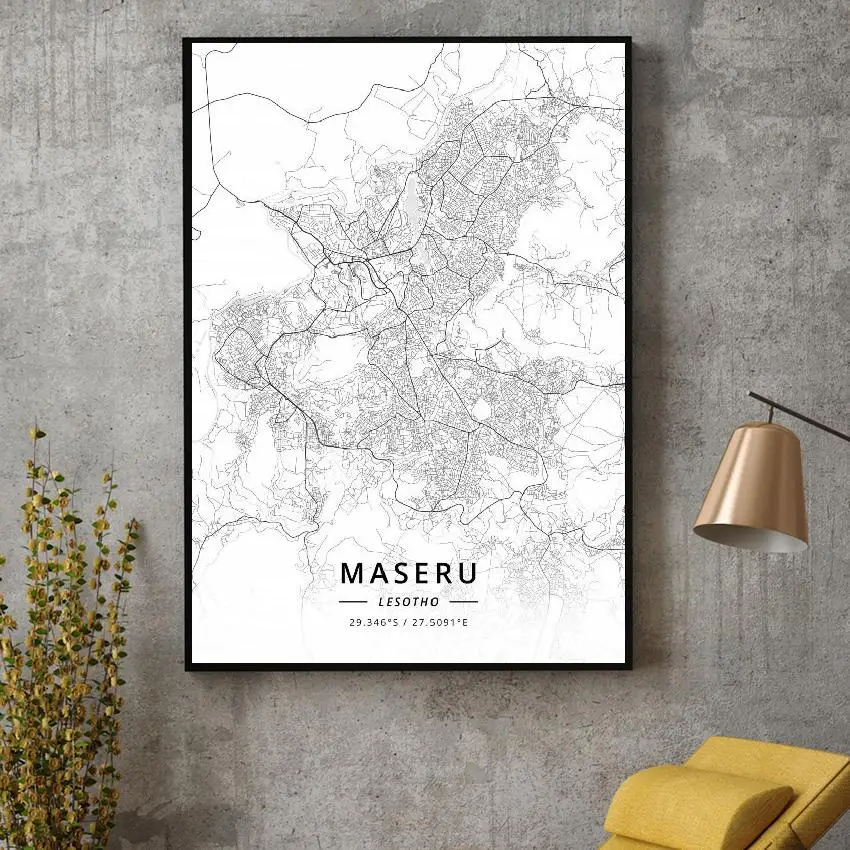 

Black and White Maseru Lesotho Latitude Longitude Canvas Art Map Poster