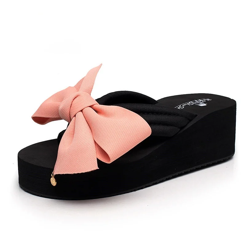 

Сандалии женские с бантом, мягкие повседневные шлепанцы, пляжная обувь для дома и улицы, на танкетке, цветочные шлепанцы, толстые, лето