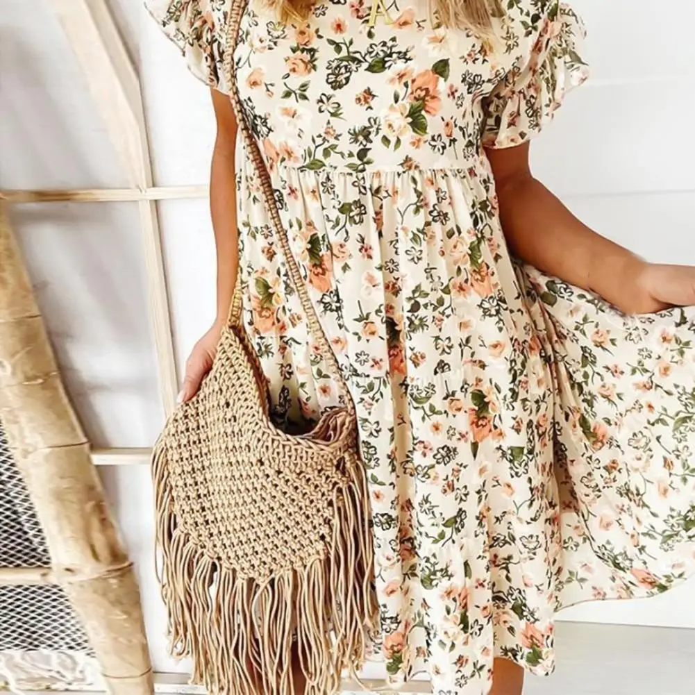 

Women Dress Floral Round Neck Nylon Loose A-Line Dress for Beach Women's Clothing Street Wear 2021