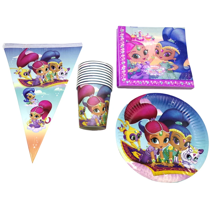 

40PCS Shimmer and Shine Plates Cups Baby Shower Decorations Girls Favors Banner Tableware Set Birthday Event Party Flags Napkins