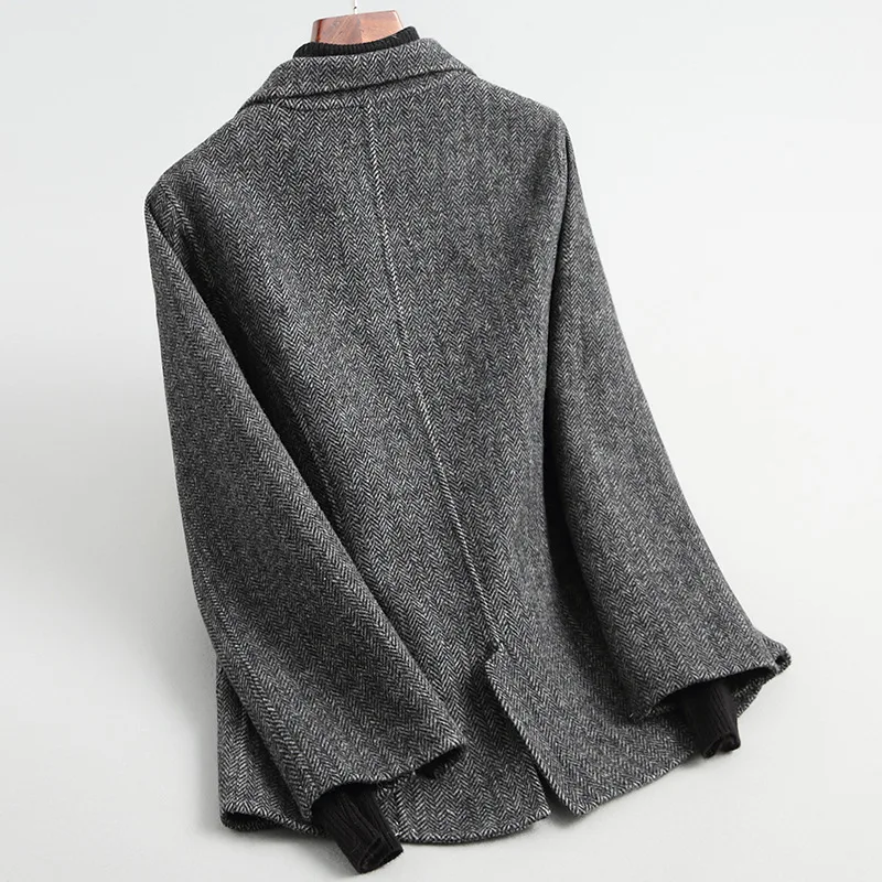 Женский твидовый двубортный пиджак 19FW приталенный на одной пуговице herringbon