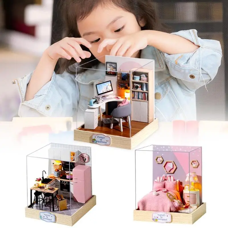 Мультфильм DIY миниатюрный деревянный кукольный домик мебель комплект модель кукольного домика Дети Девочка Монтессори DIY игрушки для детей рождественские подарки