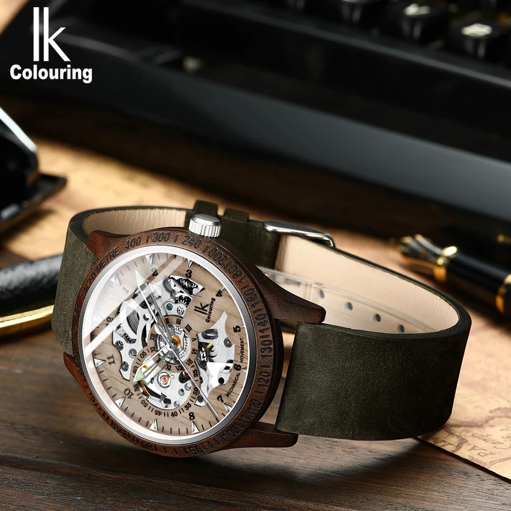 

IK Colouring Men Watch Fashion Casual Wooden Case Crazy Horse Leather Strap Wood Watch Skeleton Auto Mechanical Male reloj mujer