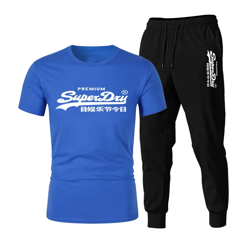 

2021 summer new male personality short sleeve t-shirt solid color printing comfortable casual t-shirt top + sports pants