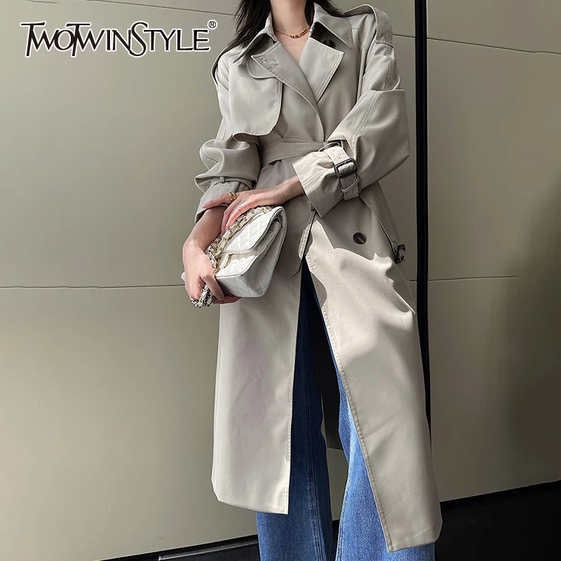 

TWOTWINSTYLE Solid Color Women's Autumn Coat Lapel Collar Long Sleeve High Waist With Girdle For Female Trench Coat Fashion New