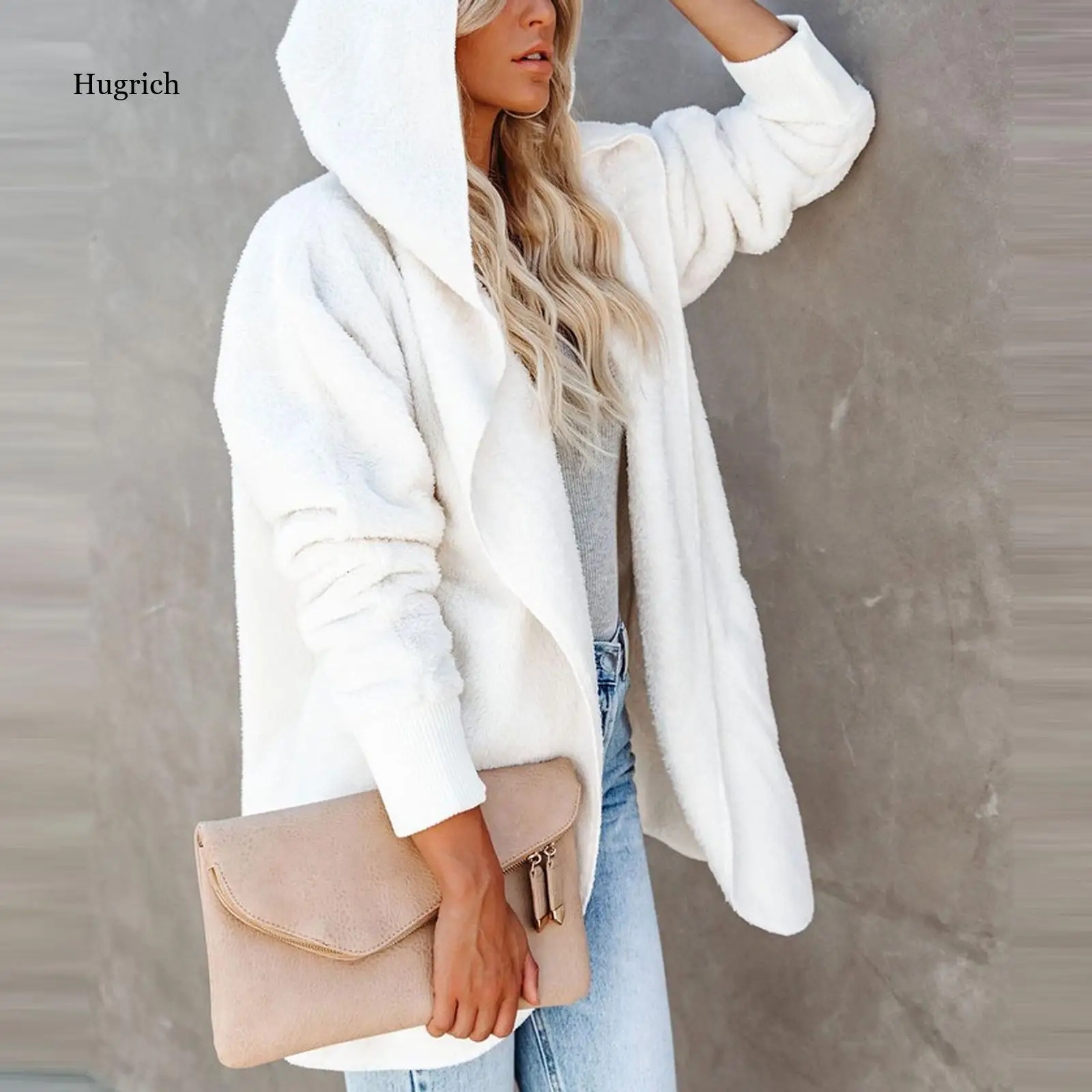 

Warm Plush Cardigan Coat Jackets Women's Fashion Loose Solid Color Long Sleeve Hooded Winter Windbreaker Plus Size Overwear