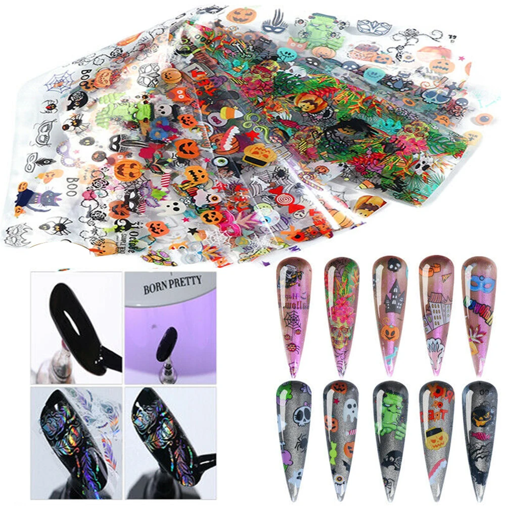 10 Pcs/pack DIY Halloween Nail Art Stickers Accessories Fashion Glitter Star Home Tool Decorations Pumpkin Skull Foils Transfer | Красота и
