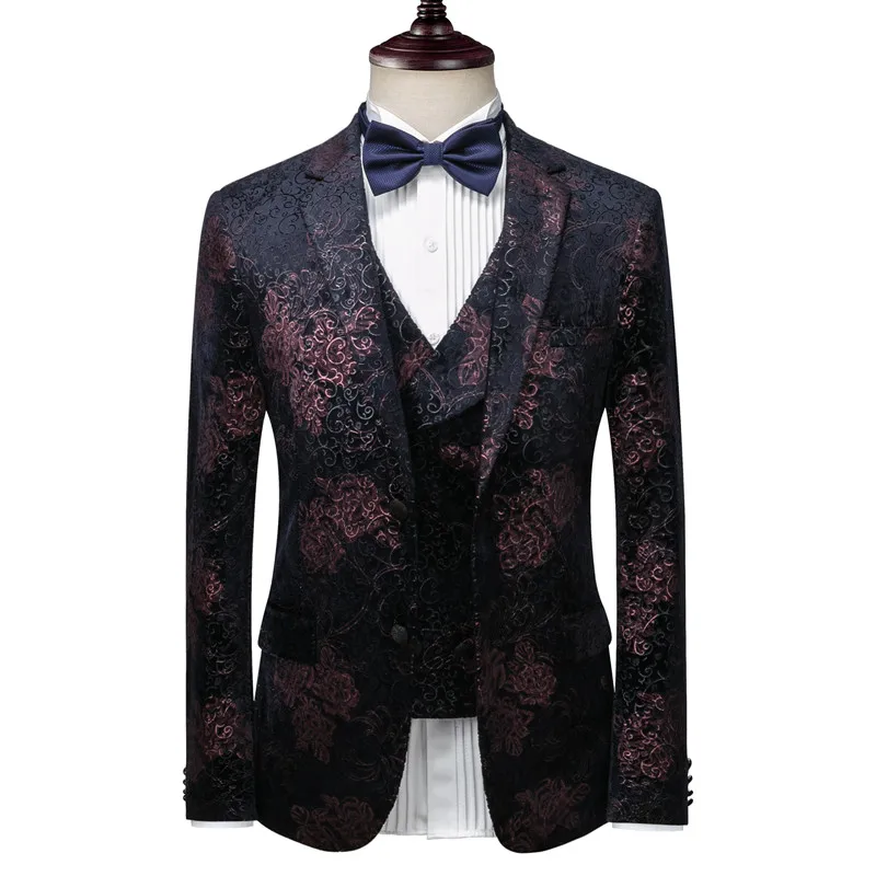 Зимний бархатный облегающий костюм-тройка с цветочным принтом брюки жилет