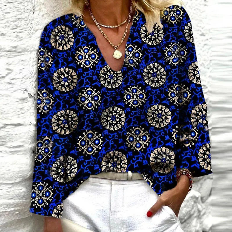

Spring Autumn Casual Long Sleeve Loose Tops Ladies Pullovers Fashion V Neck Women Blouse Vintage Pattern Print Shirts Streetwear