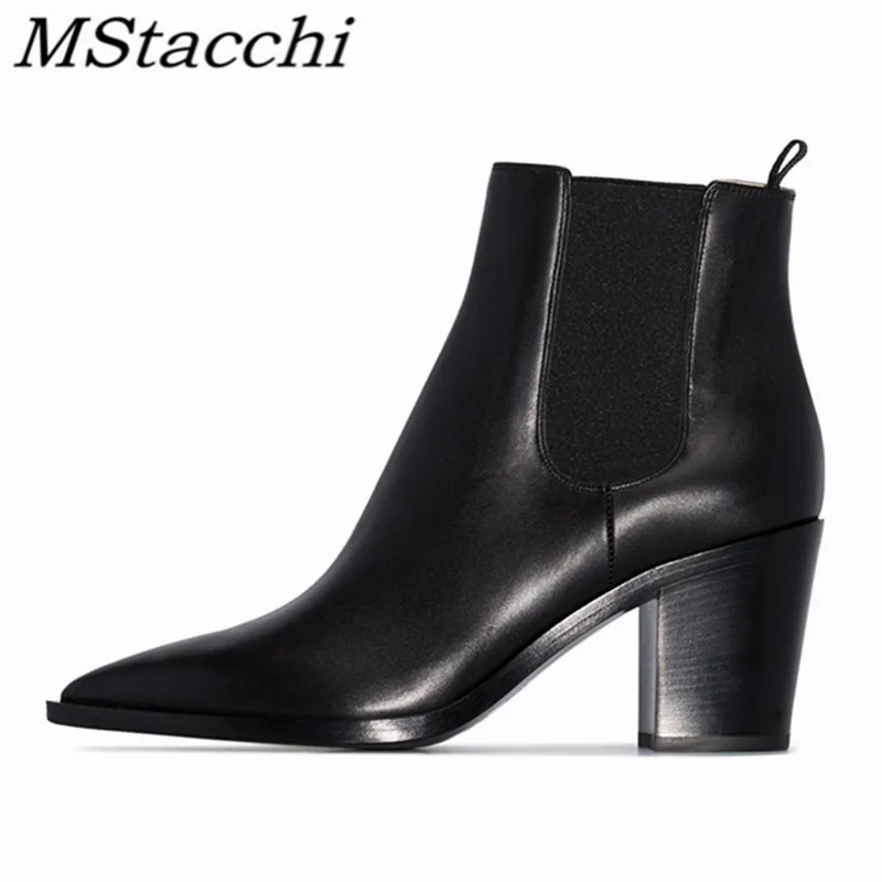 

MStacchi 2021 Women Ankle Boots Lightweight Square Heel Black Outdoor Slip-on Boots Spring Punk Cow Leather Party Shoes Female