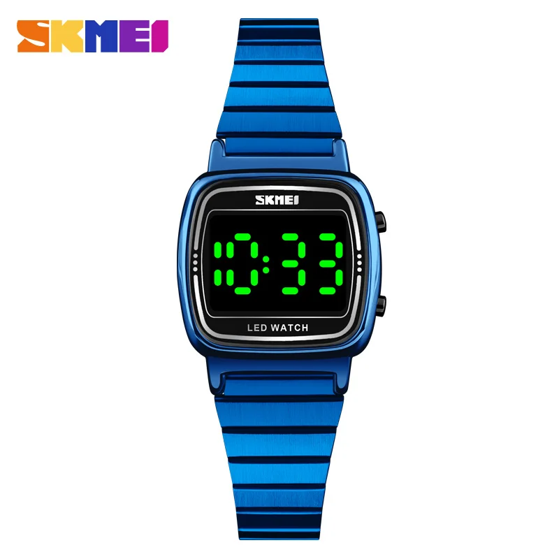 Blue SKMEI Ultra Thin Luxury Women's Silver Stainless Steel Watches Women Fashion LED Digital Dress Business Wrist watch Reloj Mujer - Цвет: Blue