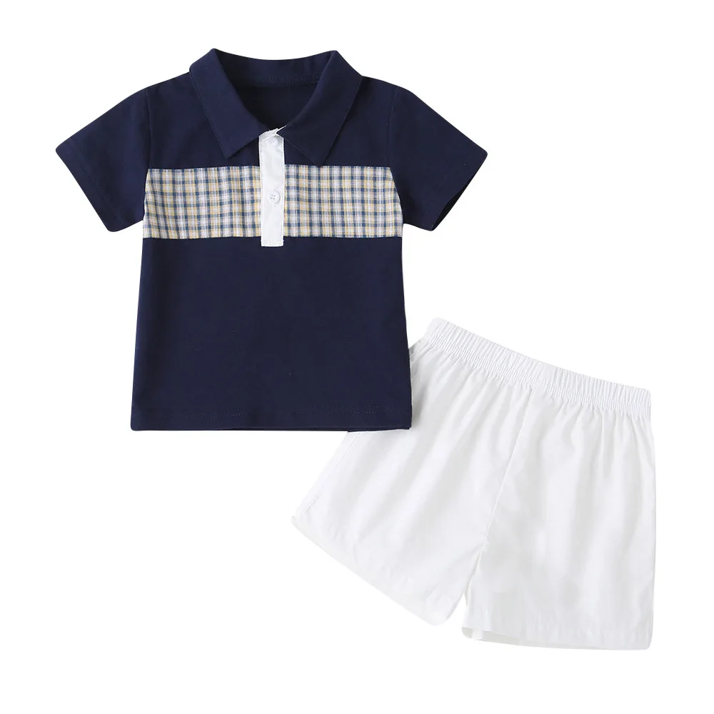 

2020 Summer Children Sets Casual Active Boys Cotton Short Sleeve Turn-down Collar Plaid T-shirt White Short Pants Clothes Sets