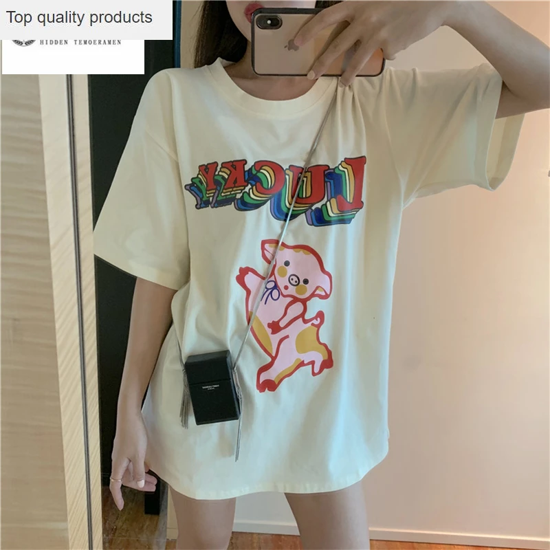 Свободная Женская футболка с коротким рукавом весна и лето новинка круглый вырез