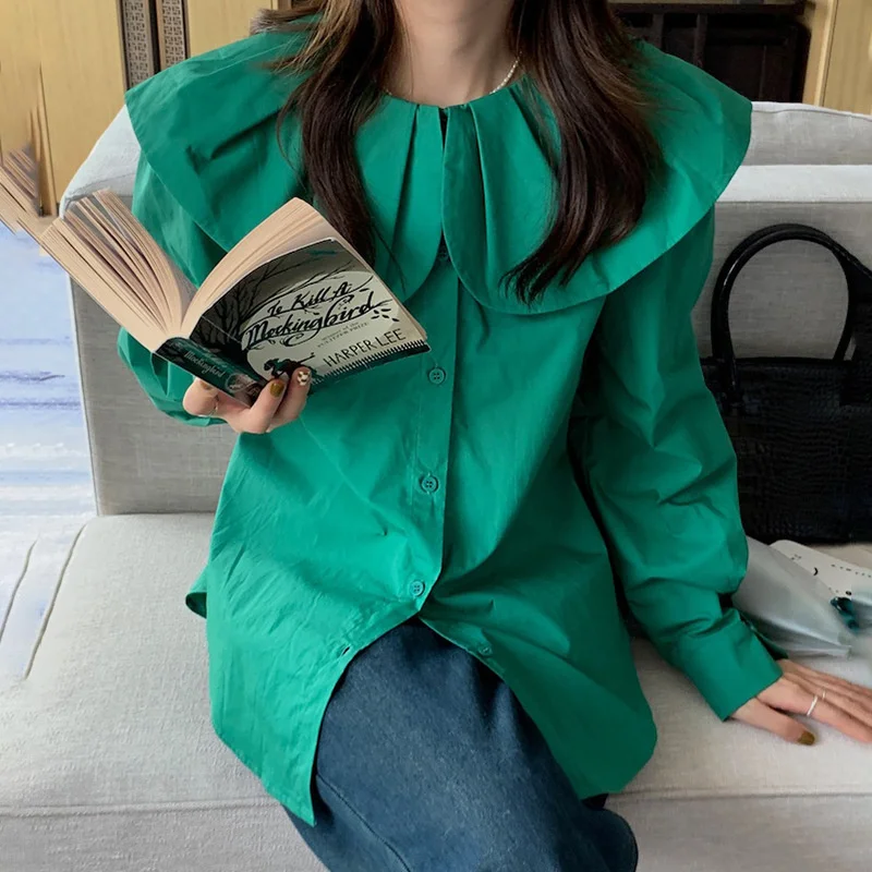 

Korean Chic Foreign Style Ruffle Doll Neck, Front and Back, Loose Bubble Sleeve Shirt, Women's Top