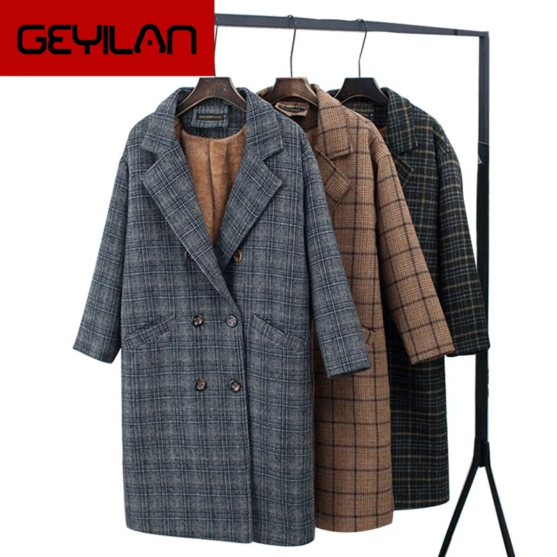 

Winter Check Velvet Coat Female Notched Warm checkered Woolen Women's Coats Fleece Office Lady 2019 Vintage Long Overcoat Woman