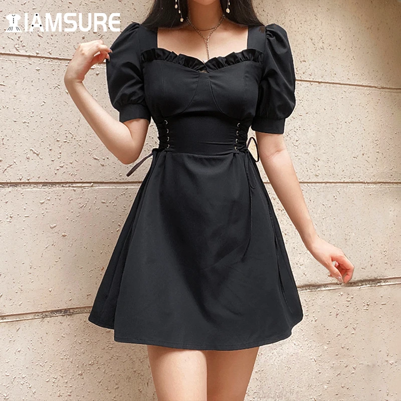 

IAMSURE Bandage Slim Summer Dress Elegant Fashion Vintage Solid Square Collar Puff Sleeve A-Line Mini Dresses For Women 2021