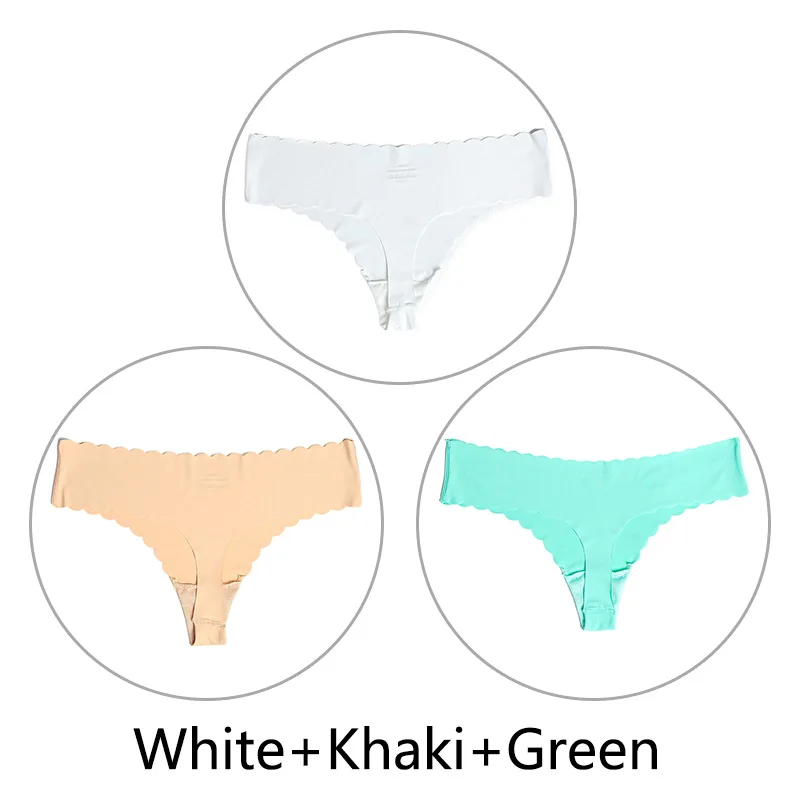 White Khaki Green 3 шт./партия ультра-тонкий открытый Шелковый бесшовный стринги с низкой посадкой, цельные сексуальные трусики-стринги, нижнее белье для женщин, танга XS-L, американский размер - Цвет: White Khaki Green