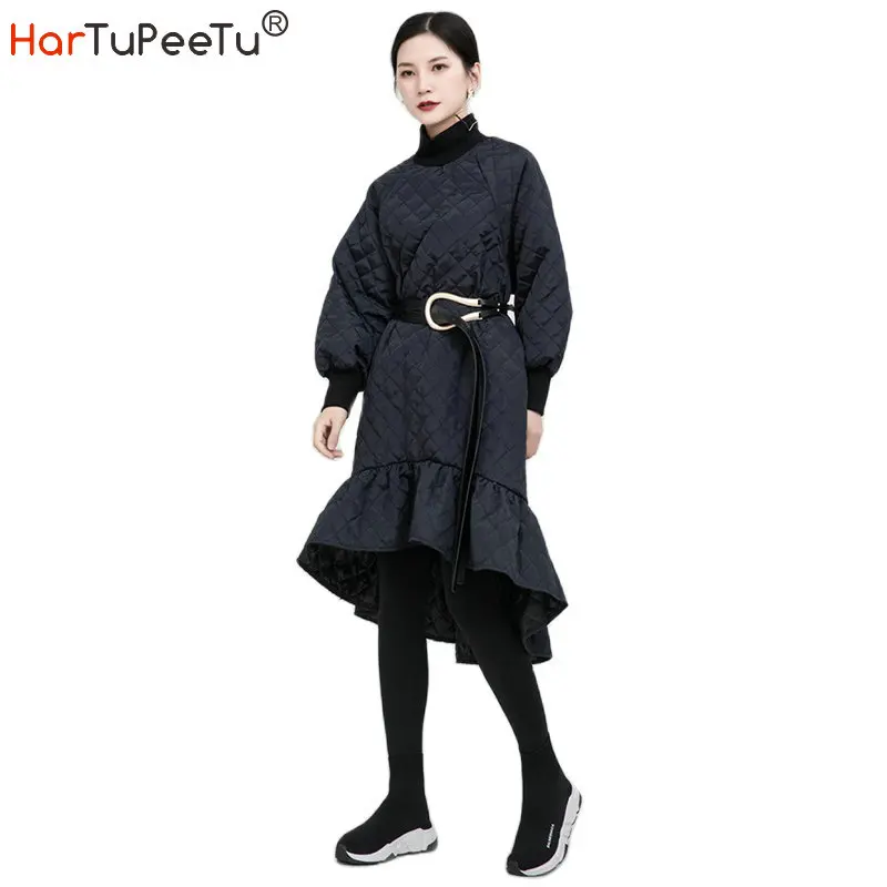 

Осенне-зимнее женское платье с высоким воротником, черное платье русалки, платье средней длины, лоскутное платье с оборками и подолом разме...