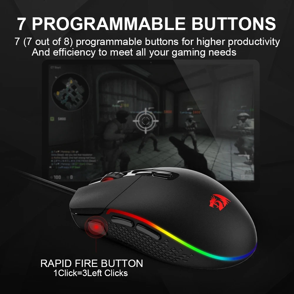 

Redragon INVADER USB Gaming Mouse Wired RGB Backlight 10000 DPI 9 Buttons Programmable Optics Mice For Computer Gamer PC M719
