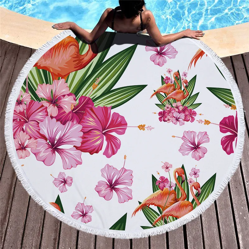 Круглое Большое пляжное полотенце из микрофибры с принтом цветов птиц и листьев