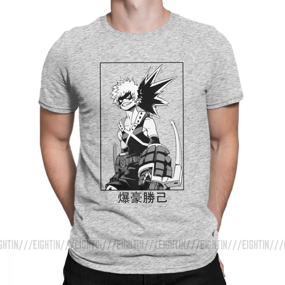 Мужская футболка с надписью «Katsuki Bakugo», футболка с надписью «My Hero Academy», новинка, топы с короткими рукавами и круглым вырезом, хлопковые футболки размера плюс - Цвет: Серый